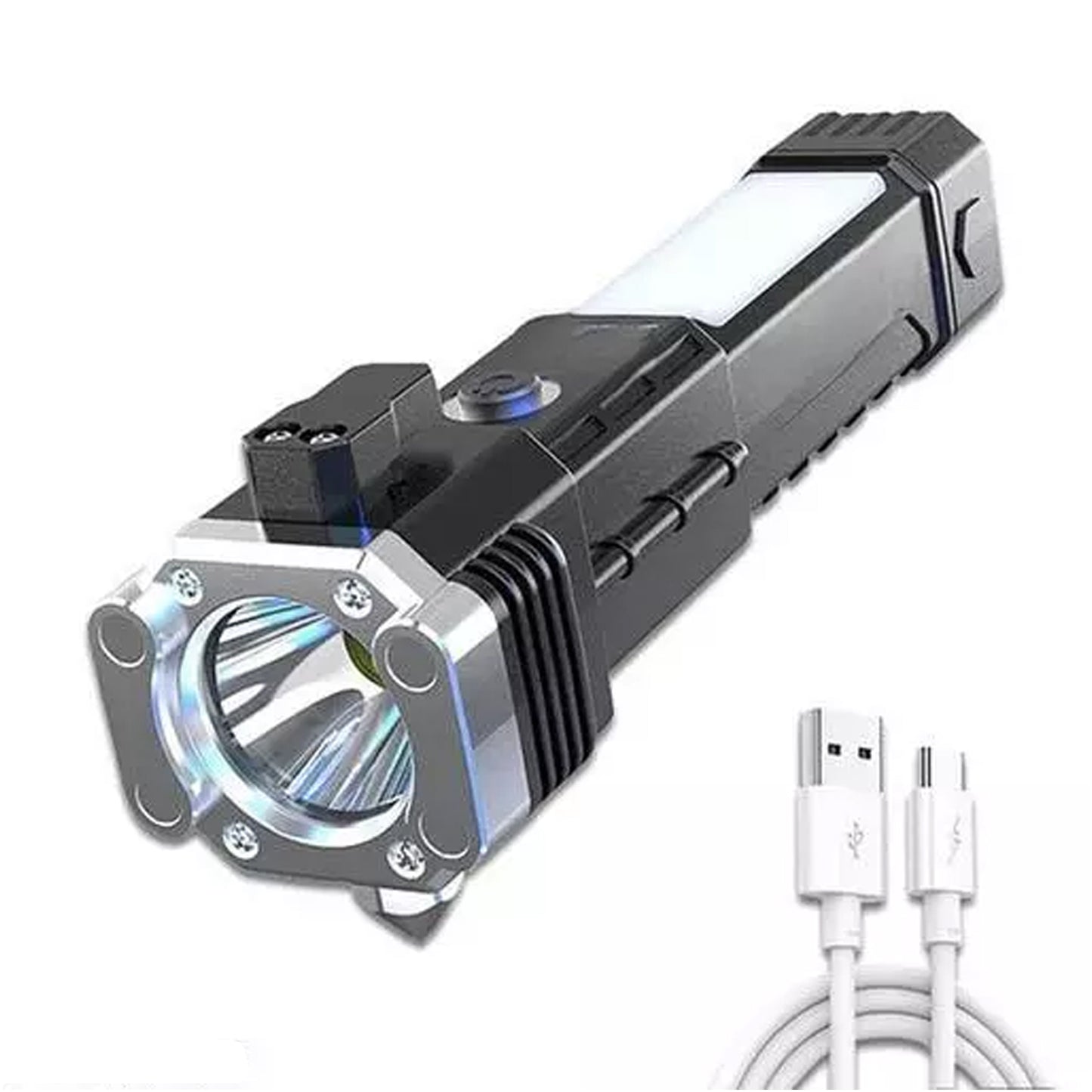 1524 Portable 3w Rechargeable Torch Led Flashlight Long Distance Beam Range Hammer And Strong Magnets Window Glass And Seat Belt Cutter 4 Modes For Car Camping Hiking Indoor Outdoor - eazy cart store