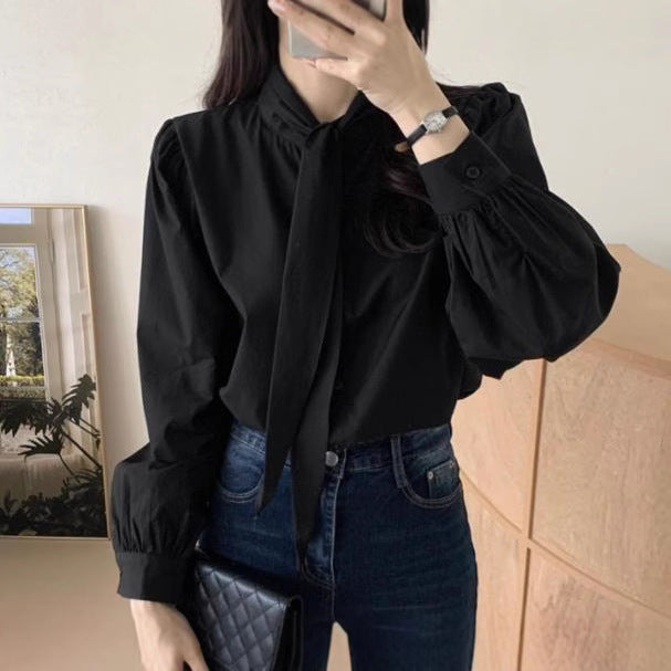 Spring New Gentle Lace-up Bow Tie Design Puff Sleeve Solid Color Shirt For Women