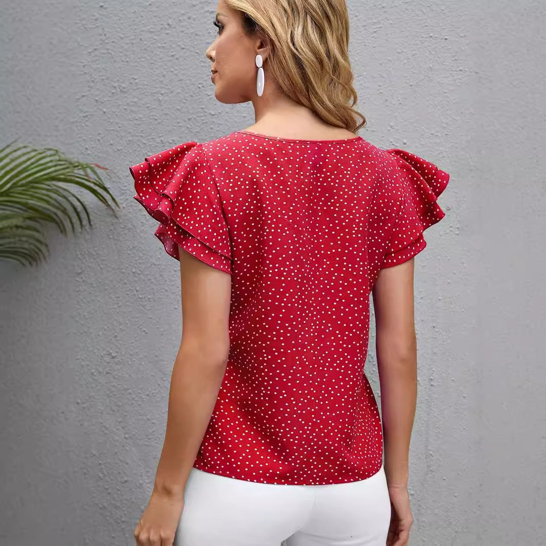 Women's New Polka Dot Ruffle Sleeve V-neck Top
