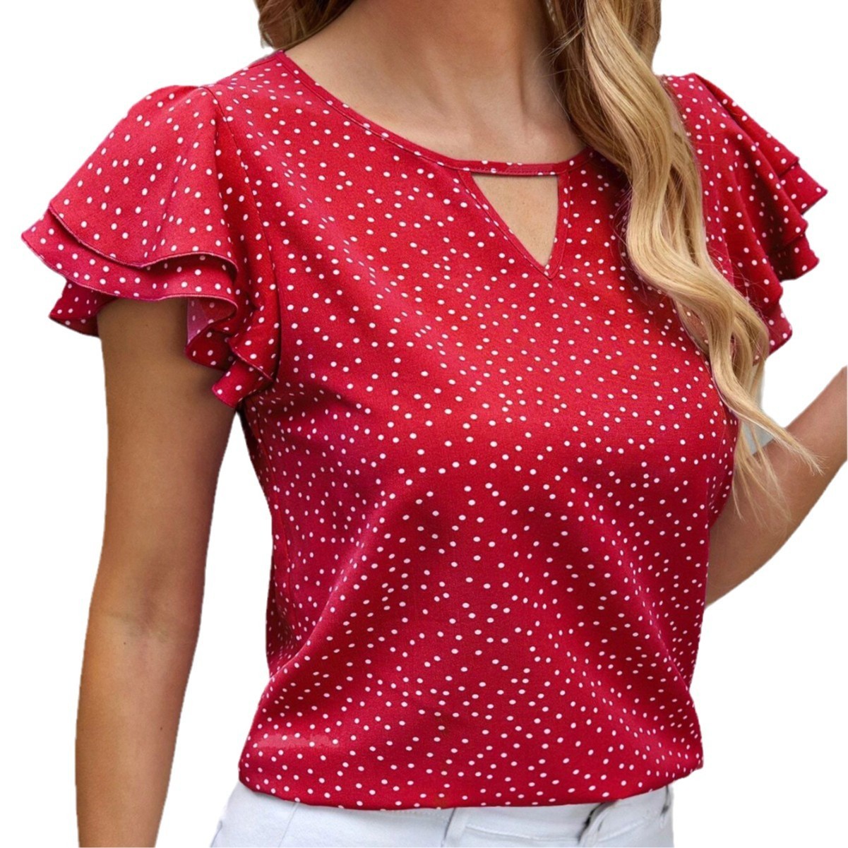 Women's New Polka Dot Ruffle Sleeve V-neck Top