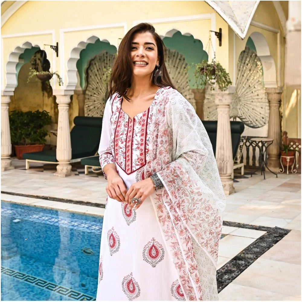 Generic Women's Casual 3/4th Sleeve Block Print Cotton Kurti Set (White And Marron)