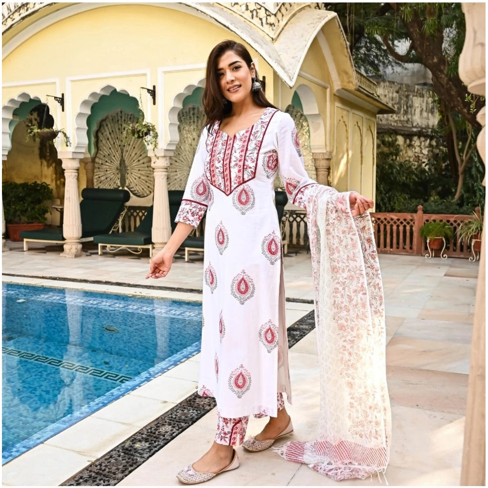 Generic Women's Casual 3/4th Sleeve Block Print Cotton Kurti Set (White And Marron)