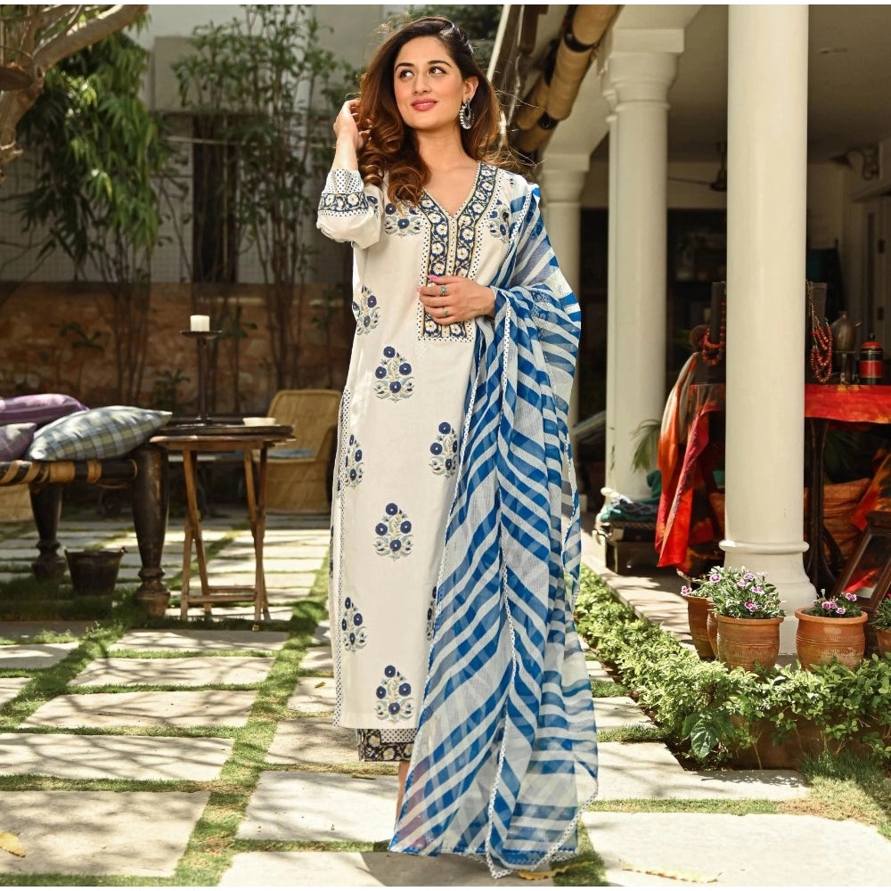 Generic Women's Casual 3/4th Sleeve Printed Cotton Kurti Set (White And Blue)