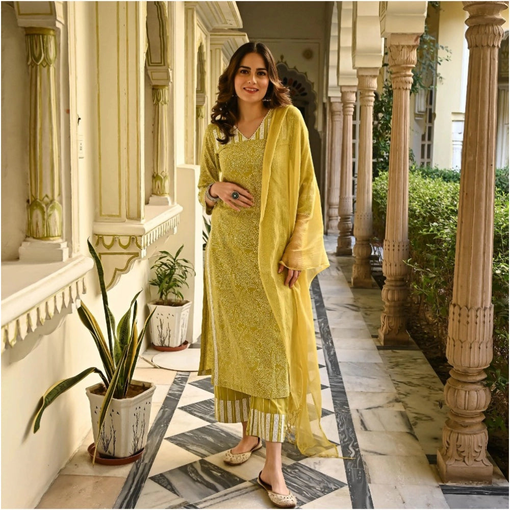 Generic Women's Casual 3/4th Sleeve Printed Cotton Kurti Set (Mustard)