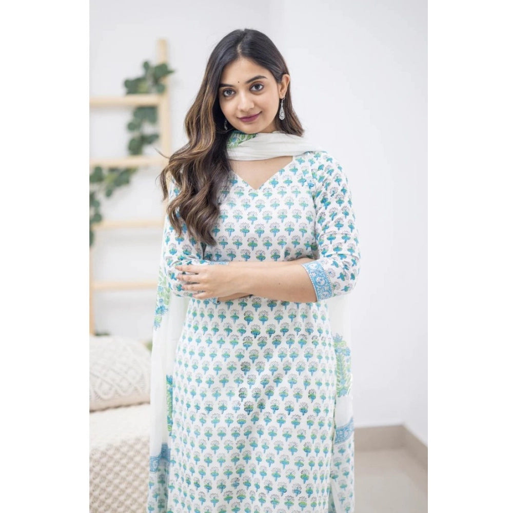 Generic Women's Casual 3/4th Sleeve Printed Cotton Kurti Set (Sky Blue)