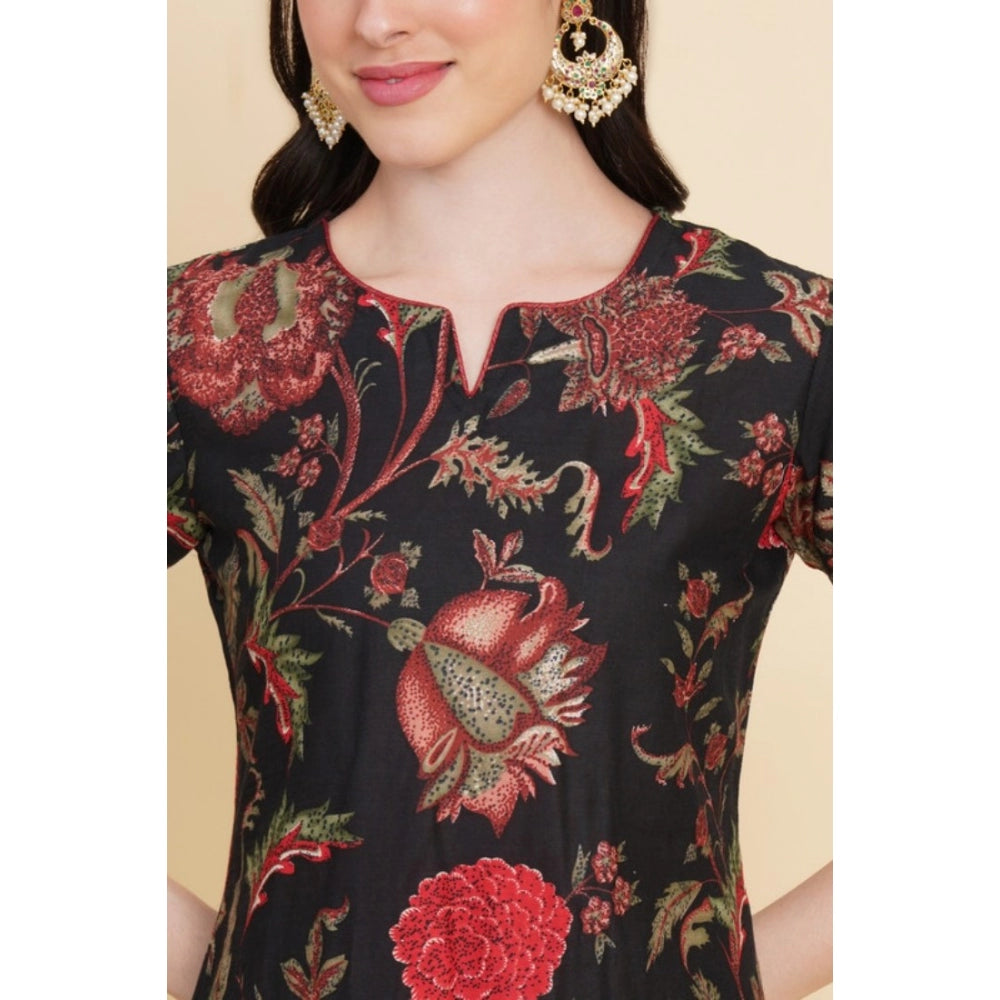 Generic Women's Casual 3/4th Sleeve Floral Print Cotton Kurti Set (Blue)