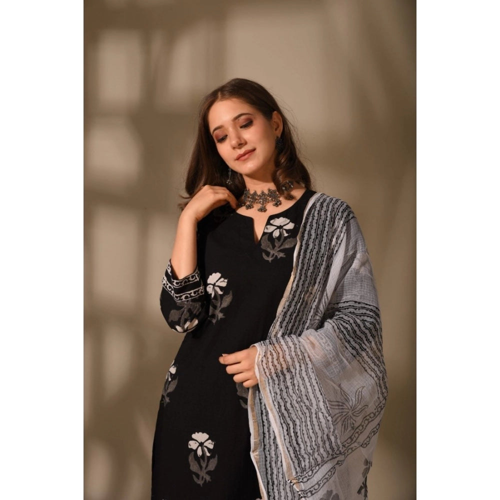 Generic Women's Casual 3/4th Sleeve Floral Print Cotton Kurti Set (Black)