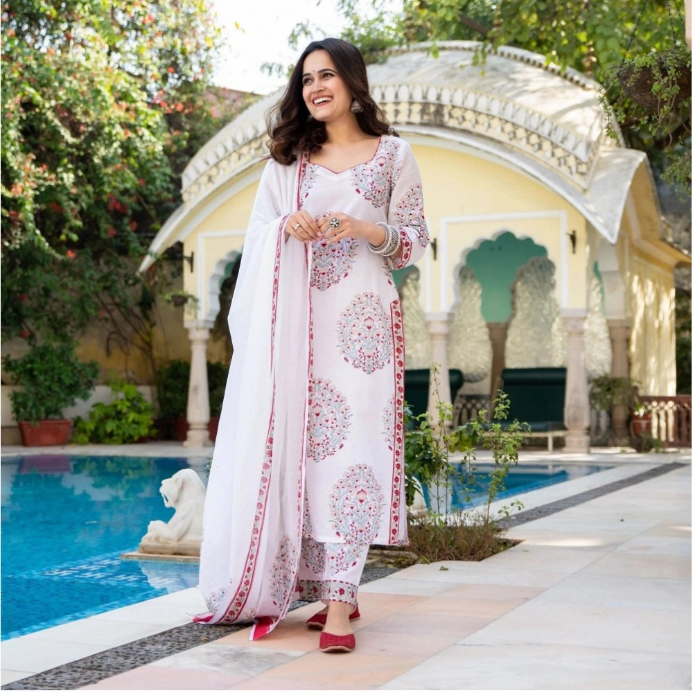 Generic Women's Casual 3/4th Sleeve Floral Print Cotton Kurti Set (White)