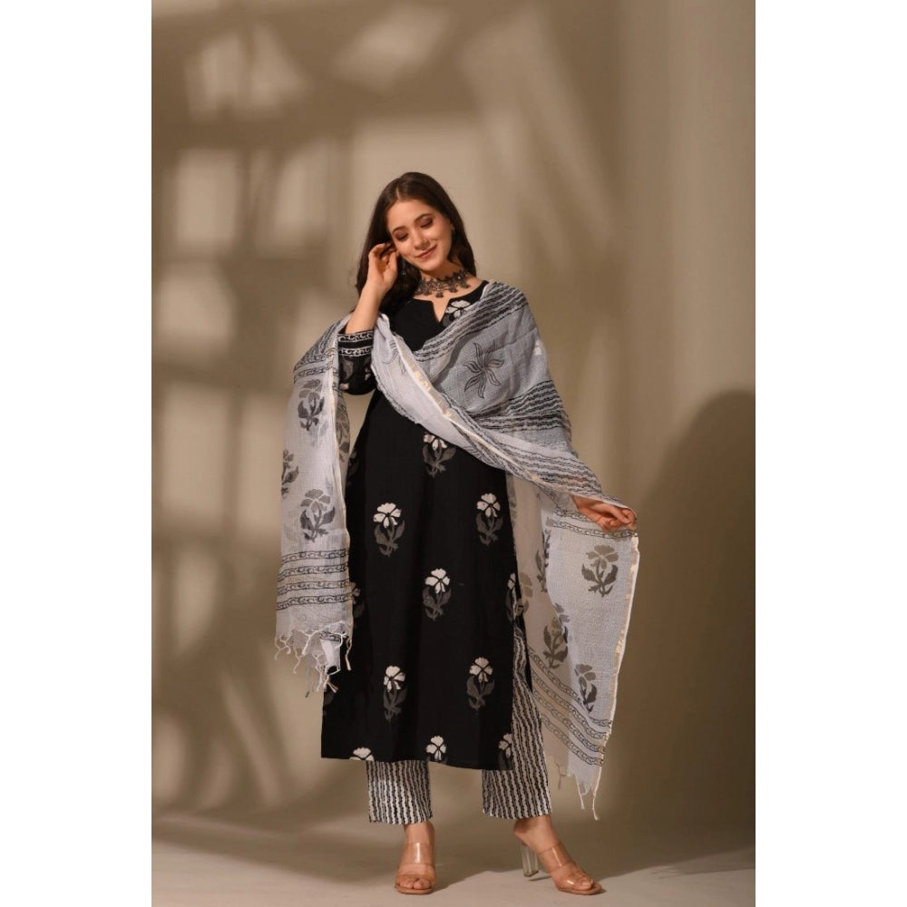 Generic Women's Casual 3/4th Sleeve Floral Print Cotton Kurti Set (Black)