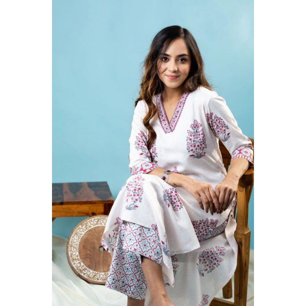 Generic Women's Casual 3/4th Sleeve Floral Print Cotton Kurti Set (Off White)