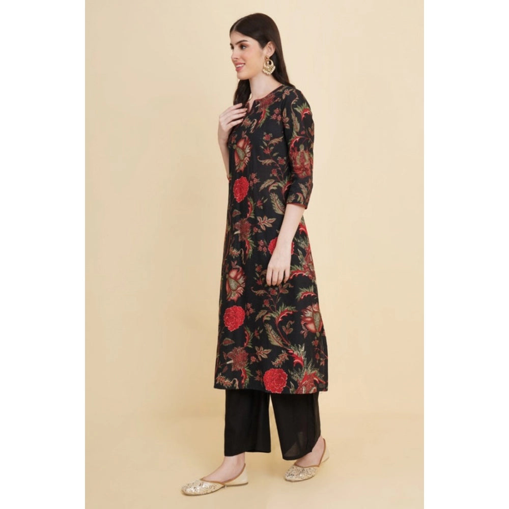 Generic Women's Casual 3/4th Sleeve Floral Print Cotton Kurti Set (Blue)
