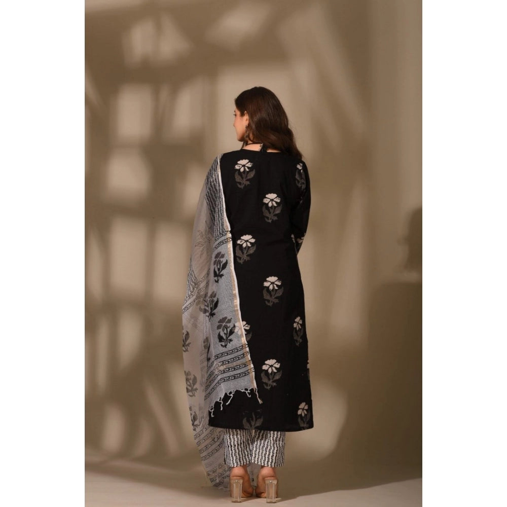 Generic Women's Casual 3/4th Sleeve Floral Print Cotton Kurti Set (Black)