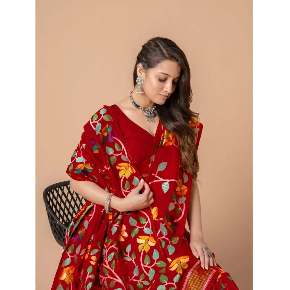 Generic Women's Cotton Printed Saree With Unstitched Blouse (Red, 5-6 Mtrs)