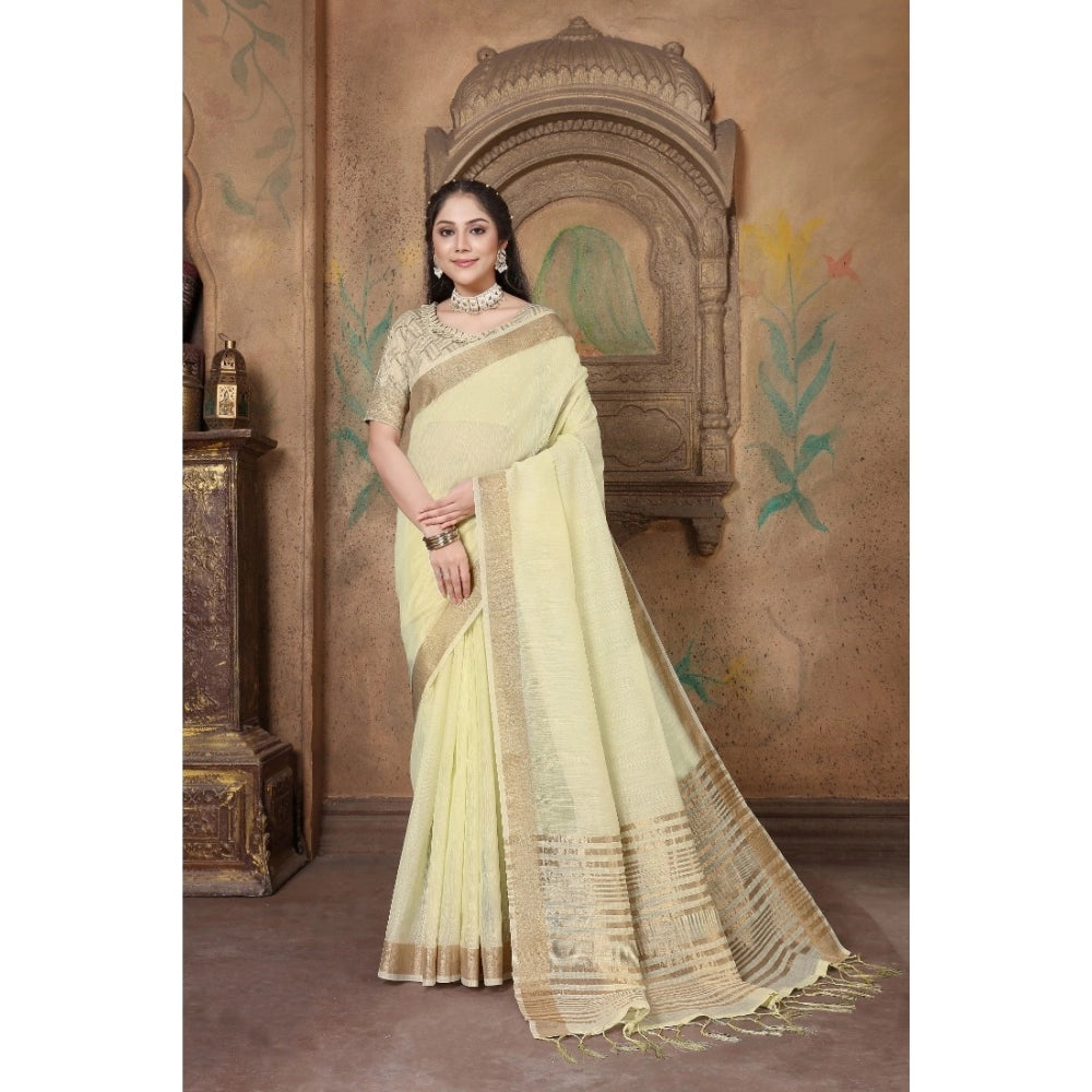 Generic Women's Soft Linen Striped Saree With Unstitched Blouse (Off-White, 5-6 Mtrs)