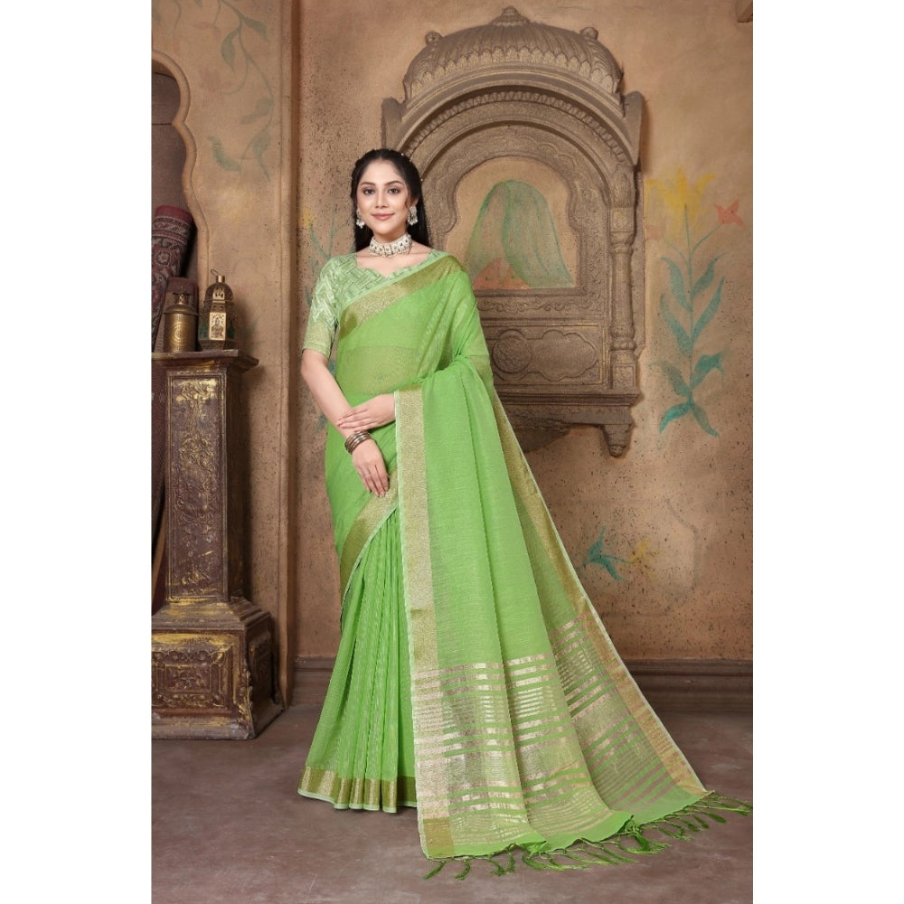 Generic Women's Soft Linen Striped Saree With Unstitched Blouse (Green, 5-6 Mtrs)