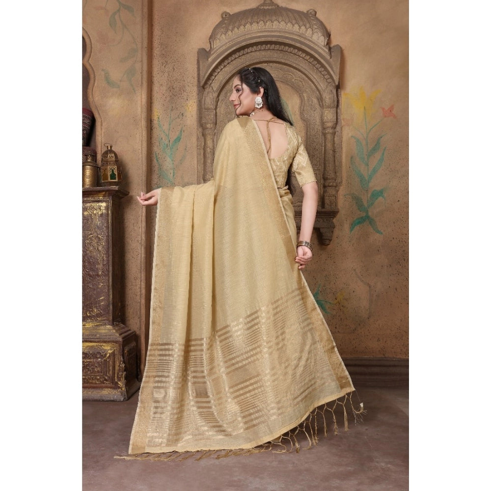 Generic Women's Soft Linen Striped Saree With Unstitched Blouse (Beige, 5-6 Mtrs)