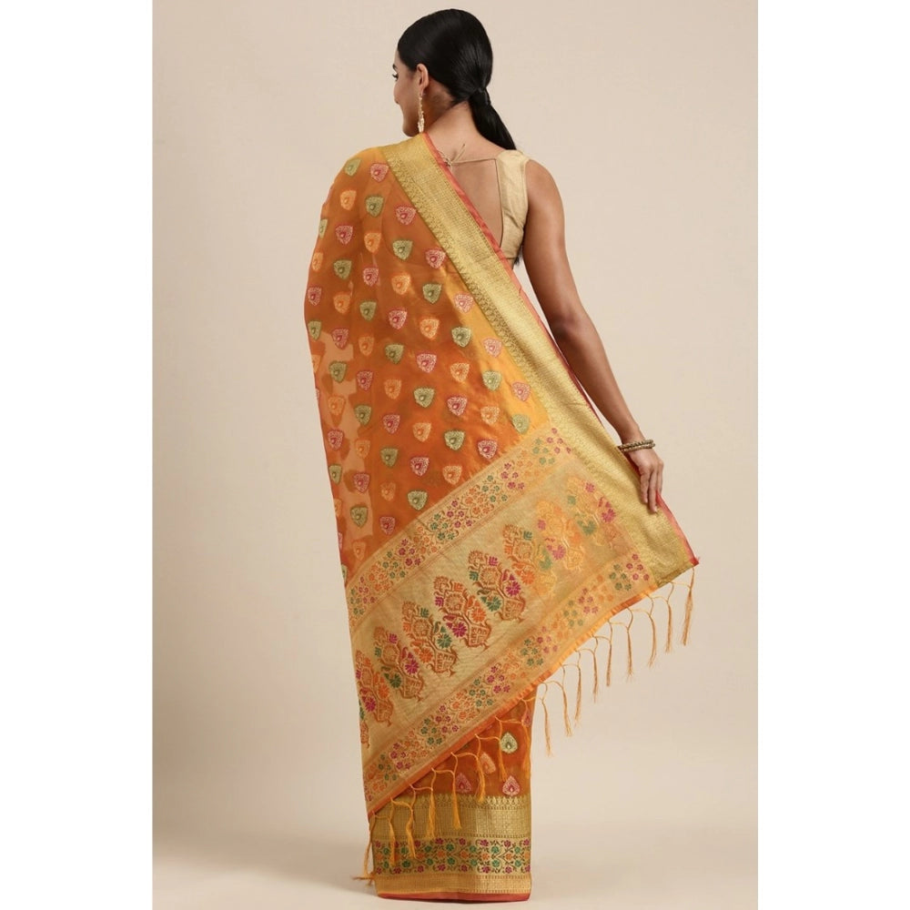 Generic Women's Organza Printed Saree With Unstitched Blouse (Mustard, 5-6 Mtrs)
