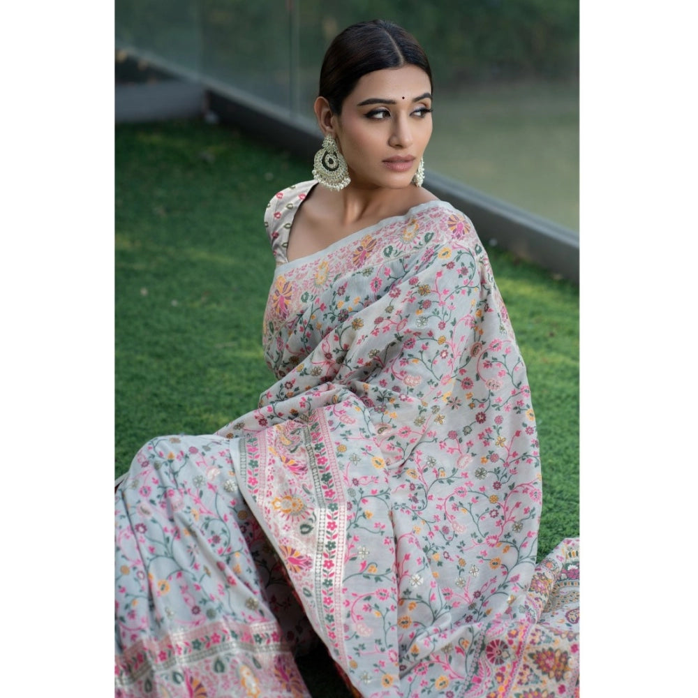 Generic Women's Linen Printed Saree With Unstitched Blouse (White, 5-6 Mtrs)
