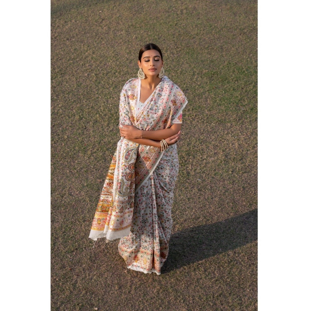 Generic Women's Linen Printed Saree With Unstitched Blouse (White, 5-6 Mtrs)