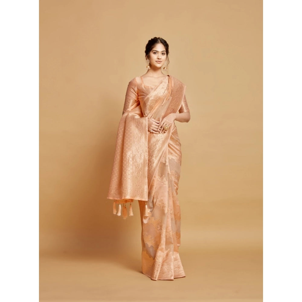 Generic Women's Linen Printed Saree With Unstitched Blouse (Peach, 5-6 Mtrs)