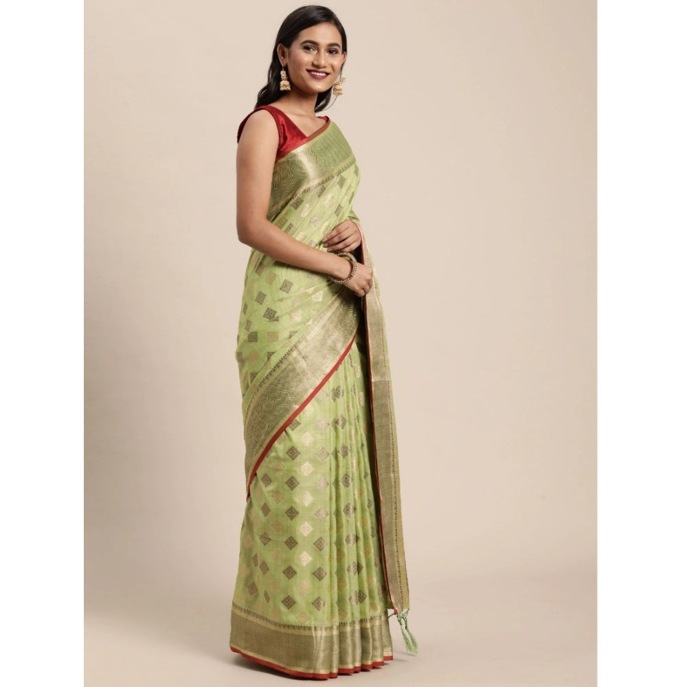 Generic Women's Chanderi Cotton Printed Saree With Unstitched Blouse (Pista, 5-6 Mtrs)