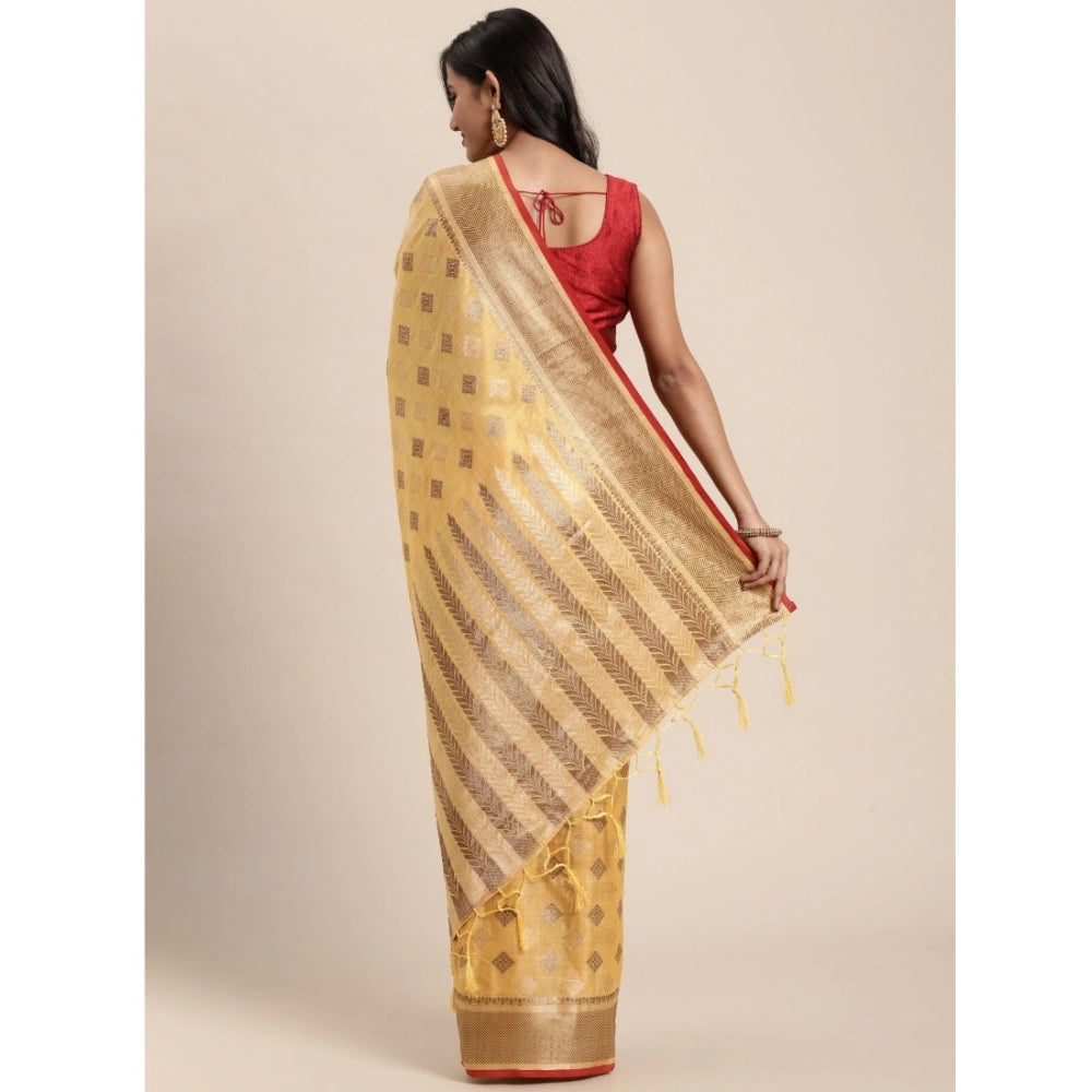 Generic Women's Chanderi Cotton Printed Saree With Unstitched Blouse (Yellow, 5-6 Mtrs)