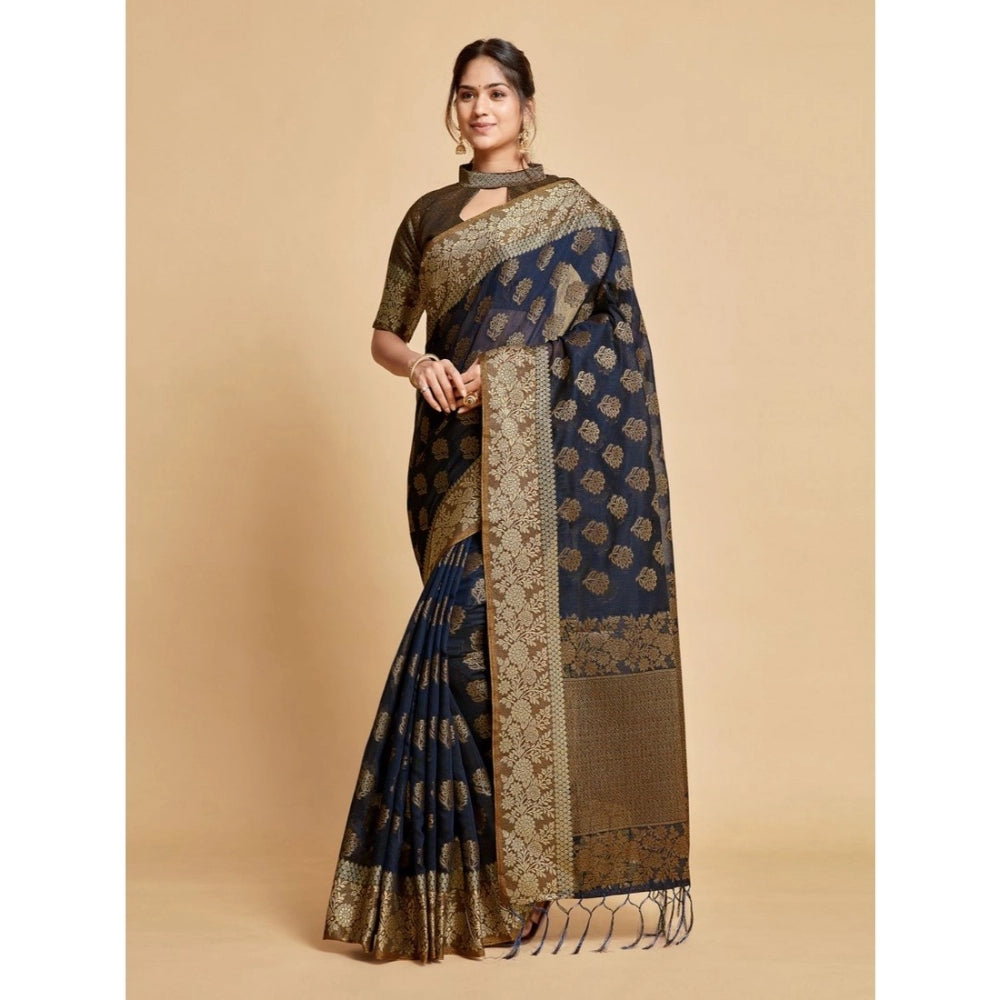 Generic Women's Chanderi Cotton Printed Saree With Unstitched Blouse (Navy, 5-6 Mtrs)