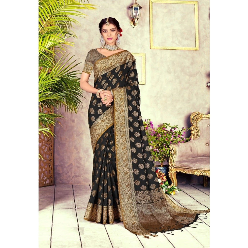 Generic Women's Chanderi Cotton Printed Saree With Unstitched Blouse (Black, 5-6 Mtrs)