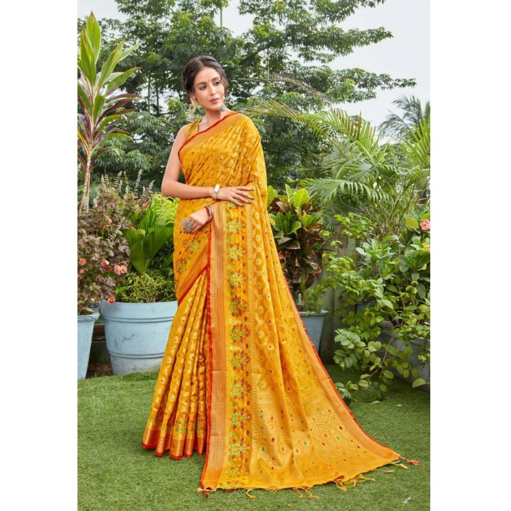 Generic Women's Organza Printed Saree With Unstitched Blouse (Mustard, 5-6 Mtrs)