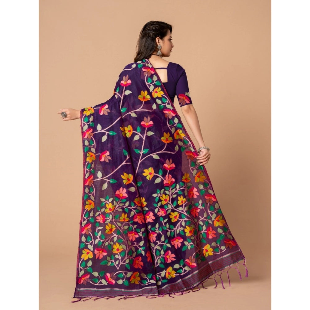 Generic Women's Cotton Printed Saree With Unstitched Blouse (Wine, 5-6 Mtrs)