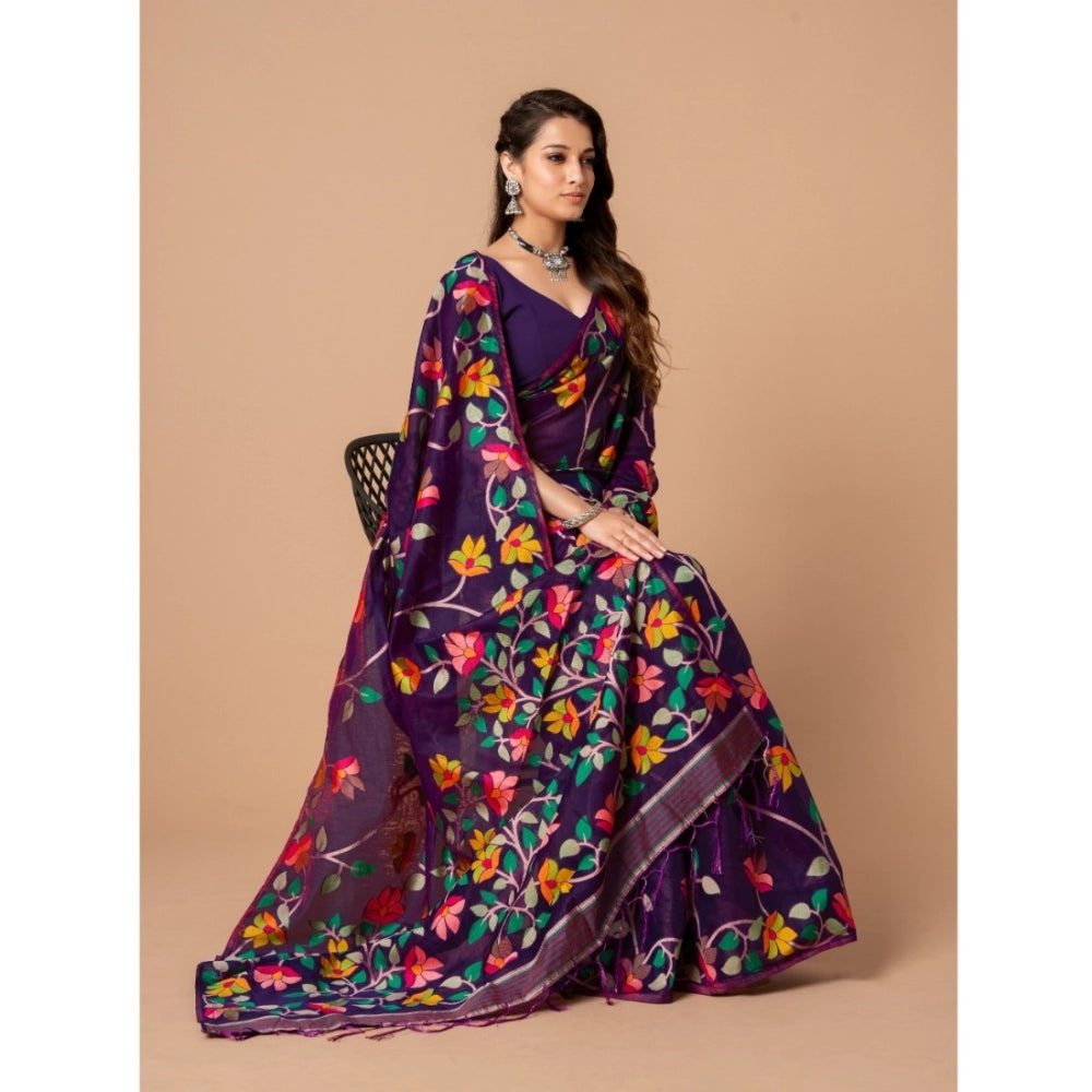 Generic Women's Cotton Printed Saree With Unstitched Blouse (Wine, 5-6 Mtrs)