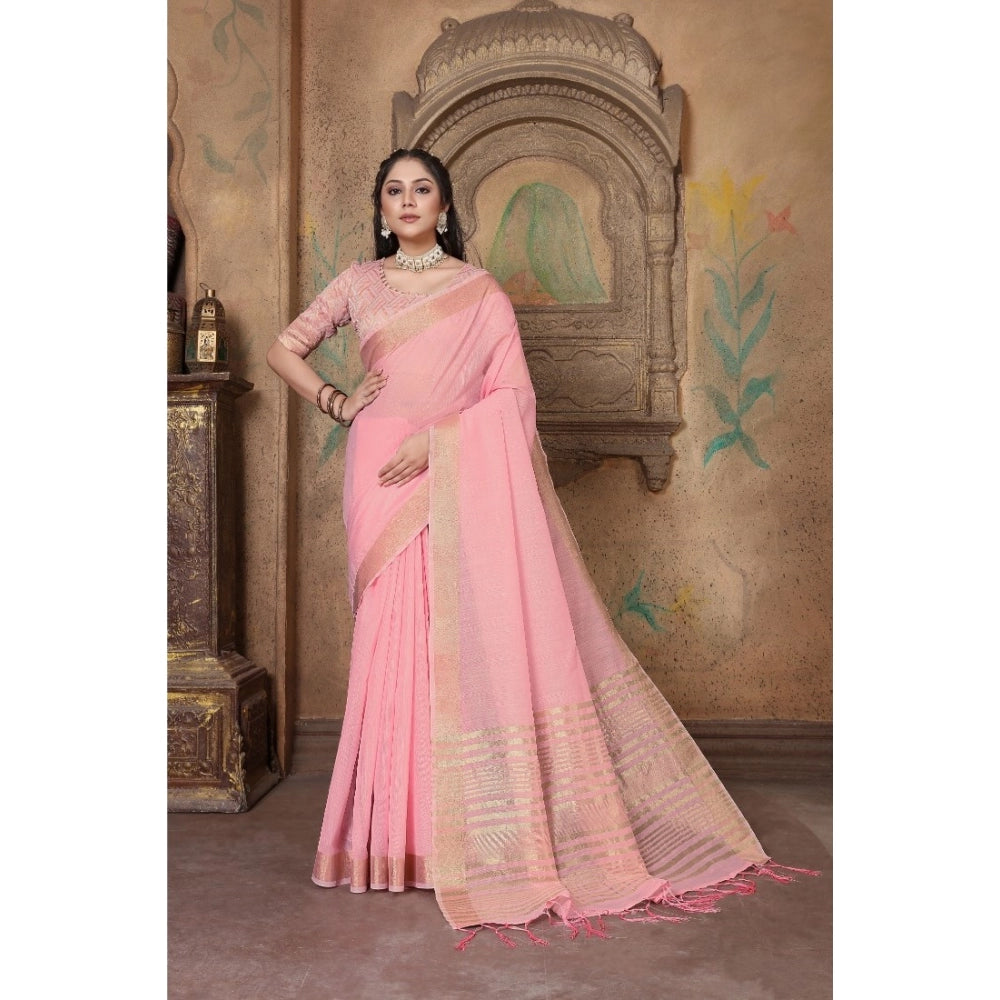 Generic Women's Soft Linen Striped Saree With Unstitched Blouse (PInk, 5-6 Mtrs)