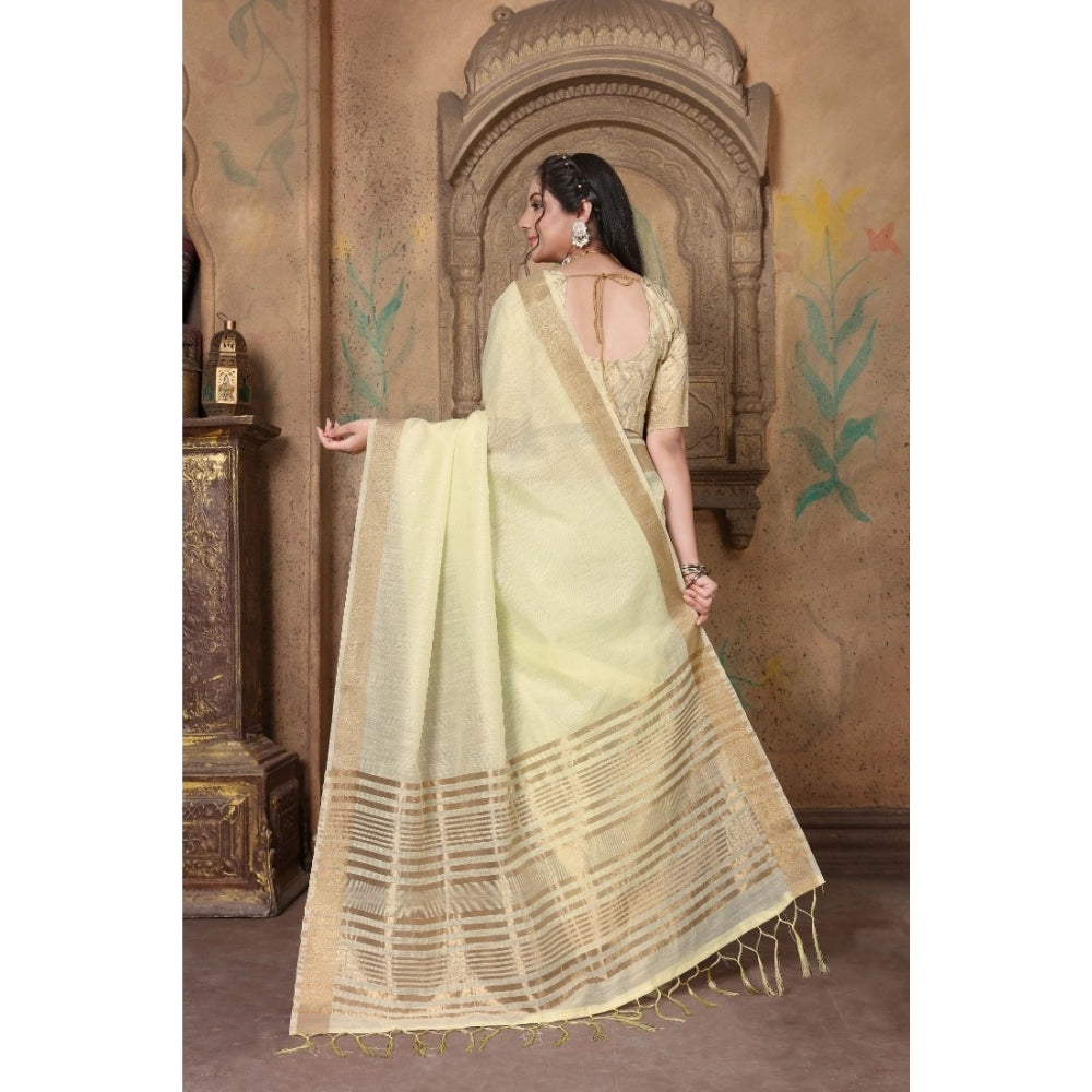 Generic Women's Soft Linen Striped Saree With Unstitched Blouse (Off-White, 5-6 Mtrs)