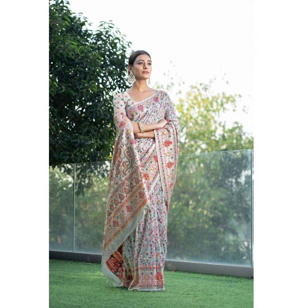 Generic Women's Linen Printed Saree With Unstitched Blouse (White, 5-6 Mtrs)