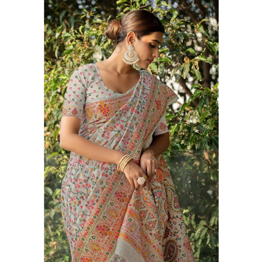 Generic Women's Linen Printed Saree With Unstitched Blouse (Off-White, 5-6 Mtrs)