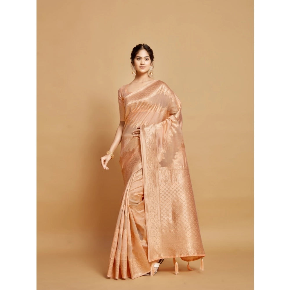 Generic Women's Linen Printed Saree With Unstitched Blouse (Peach, 5-6 Mtrs)