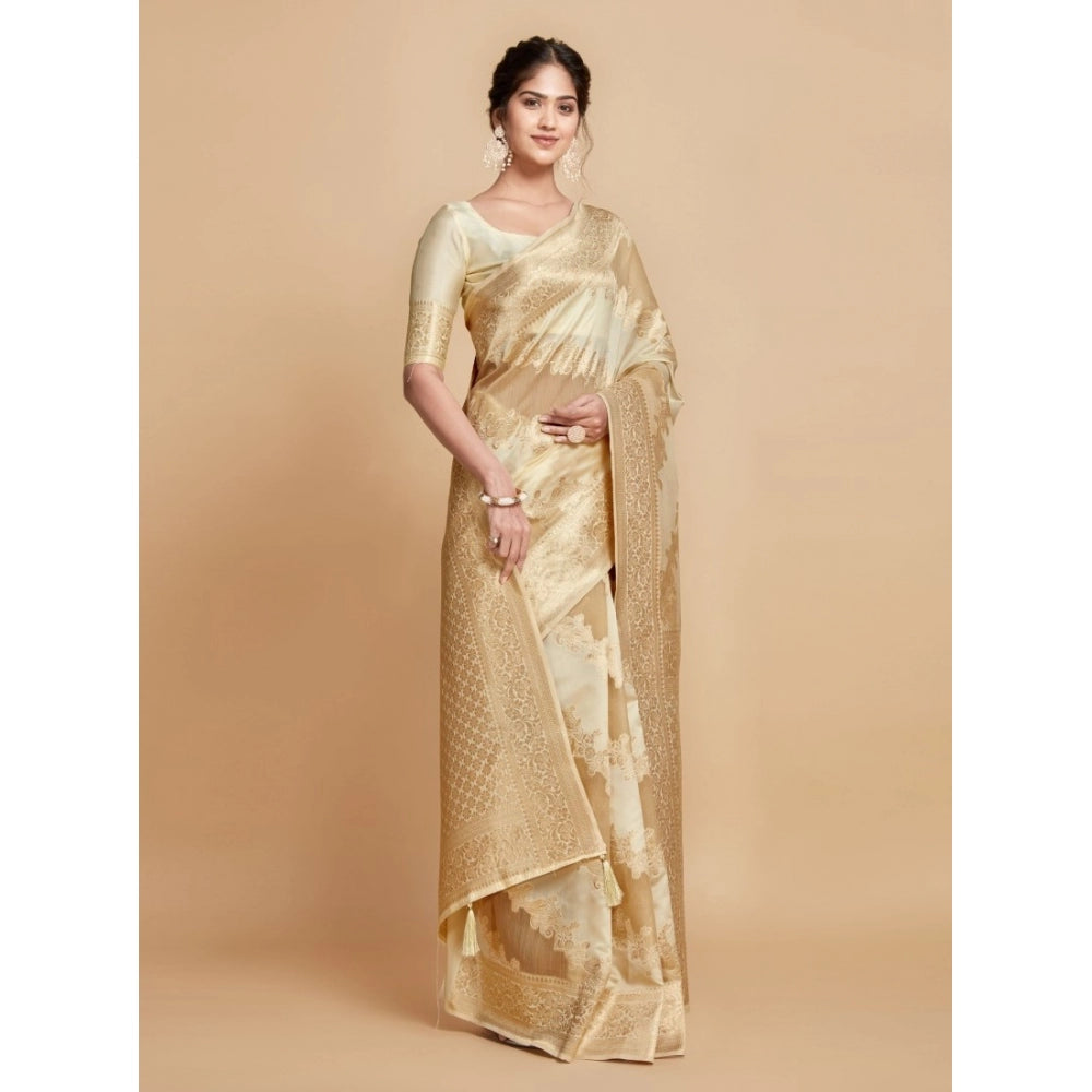 Generic Women's Linen Printed Saree With Unstitched Blouse (Beige, 5-6 Mtrs)