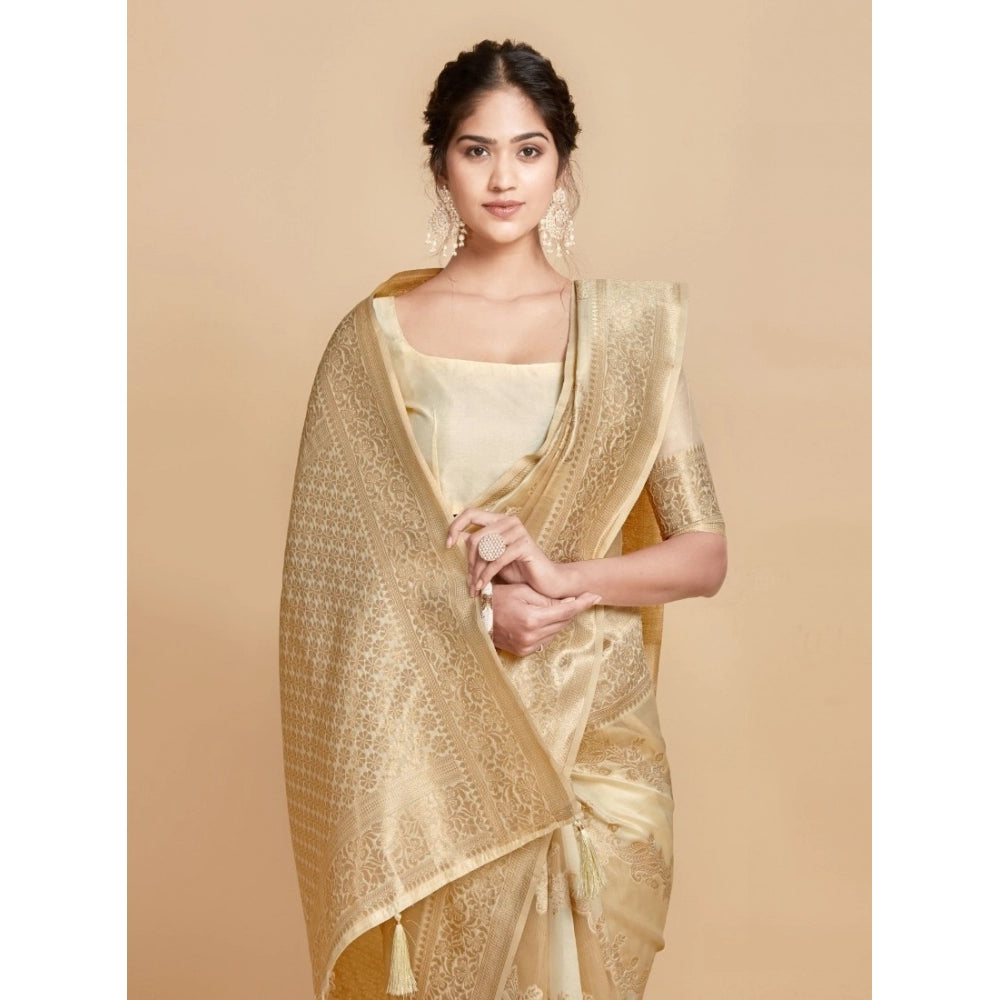 Generic Women's Linen Printed Saree With Unstitched Blouse (Beige, 5-6 Mtrs)