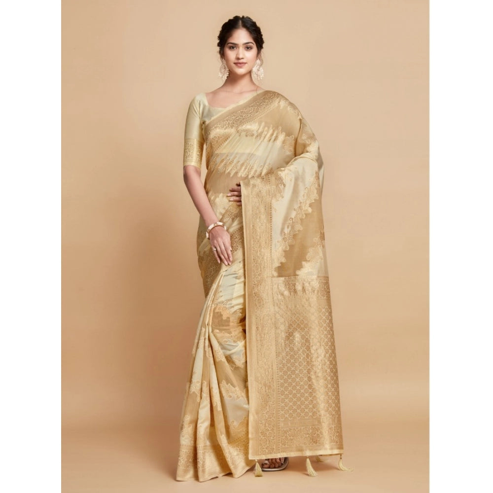 Generic Women's Linen Printed Saree With Unstitched Blouse (Beige, 5-6 Mtrs)
