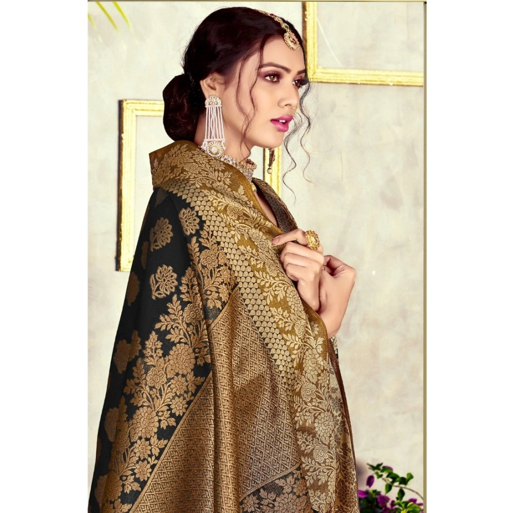 Generic Women's Chanderi Cotton Printed Saree With Unstitched Blouse (Black, 5-6 Mtrs)