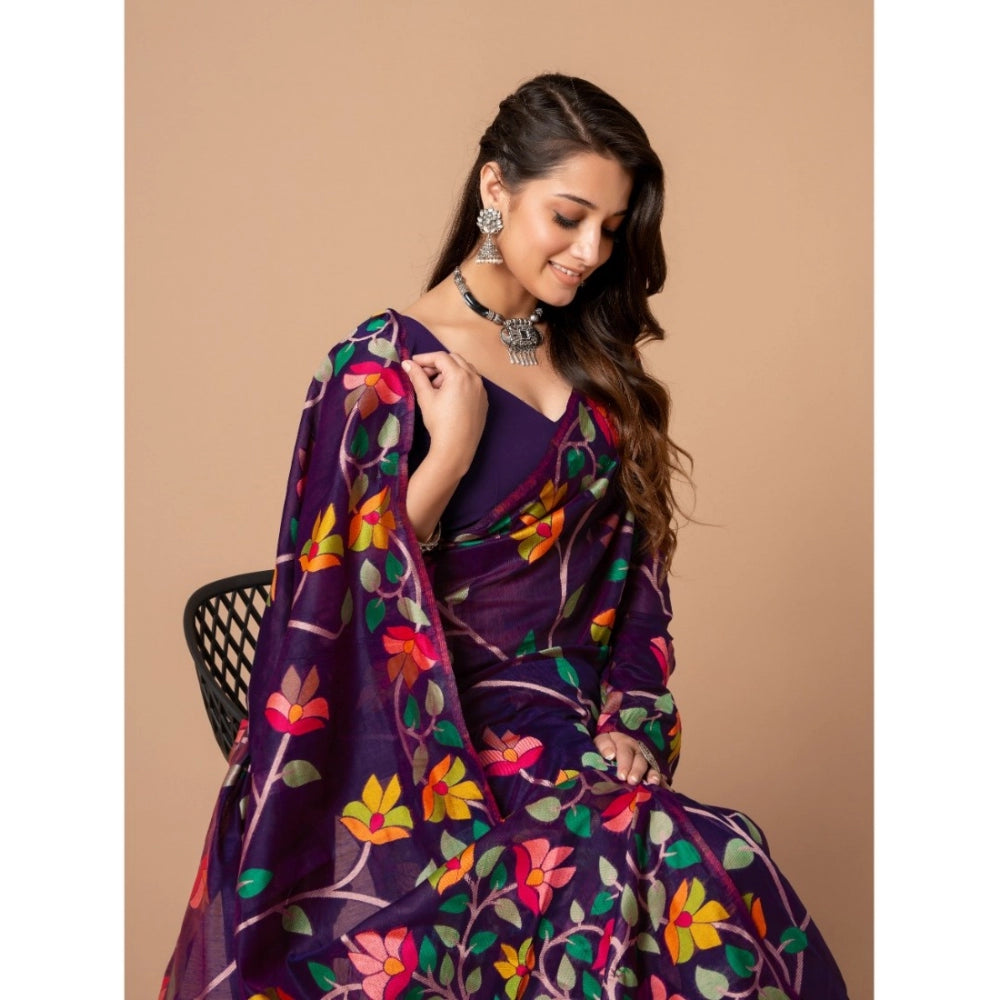 Generic Women's Cotton Printed Saree With Unstitched Blouse (Wine, 5-6 Mtrs)