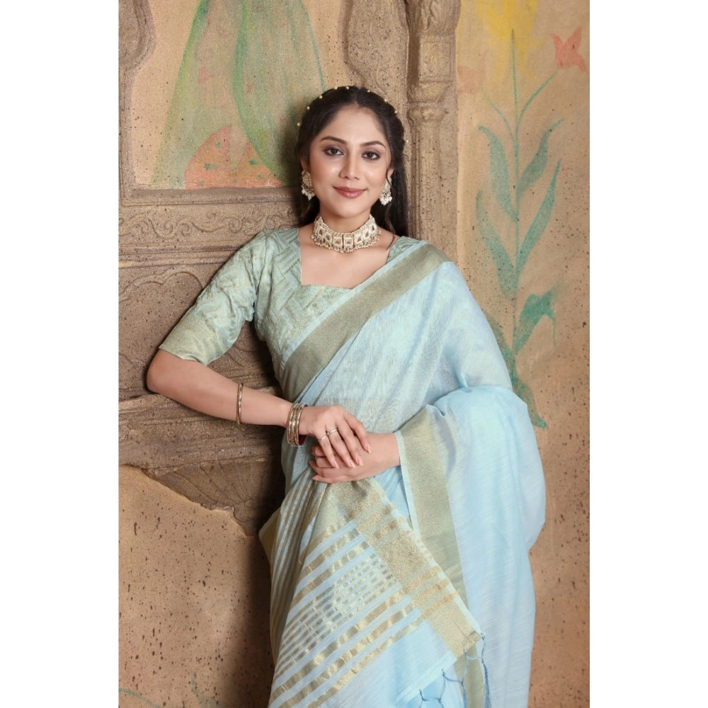Generic Women's Soft Linen Striped Saree With Unstitched Blouse (Sky Blue, 5-6 Mtrs)