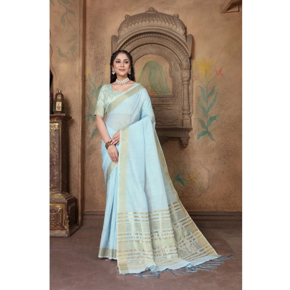 Generic Women's Soft Linen Striped Saree With Unstitched Blouse (Sky Blue, 5-6 Mtrs)