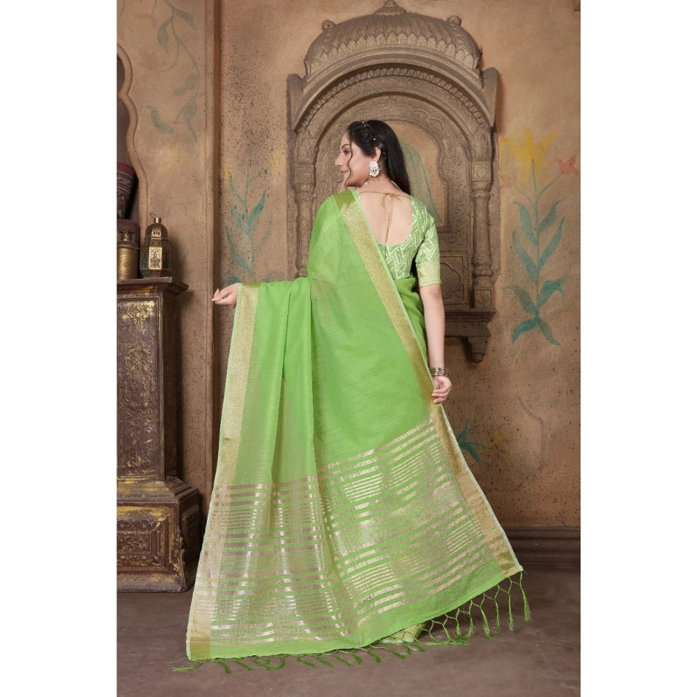 Generic Women's Soft Linen Striped Saree With Unstitched Blouse (Green, 5-6 Mtrs)