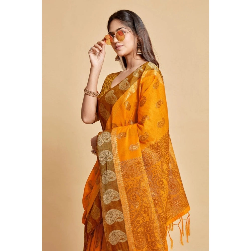 Generic Women's Chanderi Cotton Printed Saree With Unstitched Blouse (Mustard, 5-6 Mtrs)