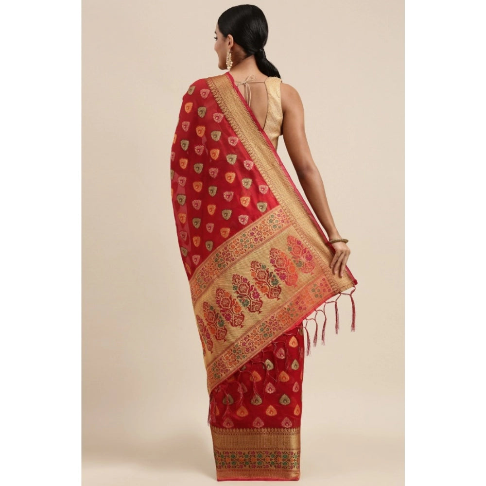 Generic Women's Organza Printed Saree With Unstitched Blouse (Red, 5-6 Mtrs)