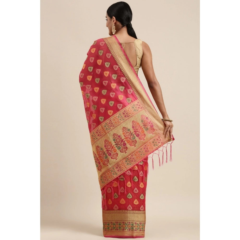 Generic Women's Organza Printed Saree With Unstitched Blouse (Pink, 5-6 Mtrs)