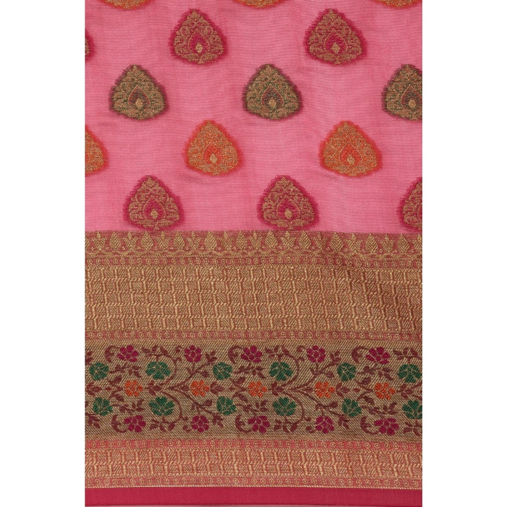 Generic Women's Organza Printed Saree With Unstitched Blouse (Pink, 5-6 Mtrs)