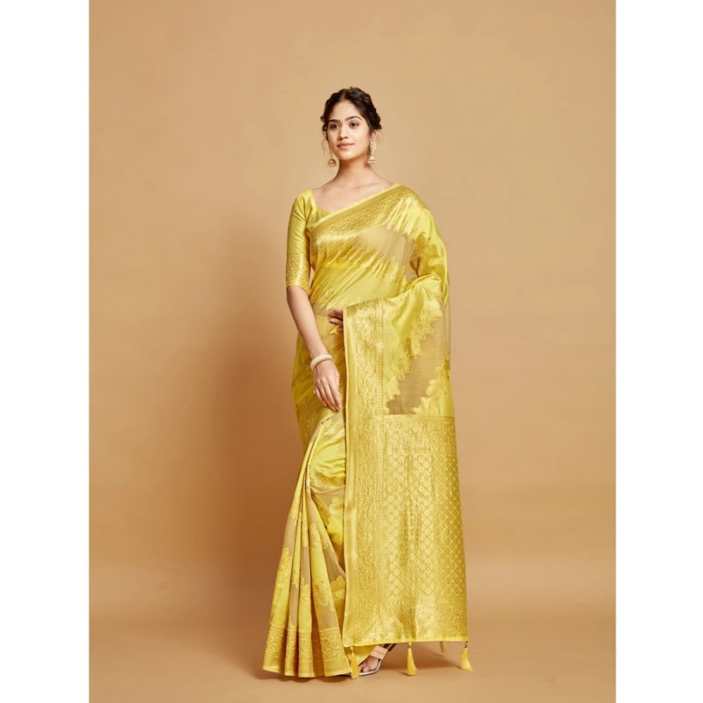 Generic Women's Linen Printed Saree With Unstitched Blouse (Yellow, 5-6 Mtrs)