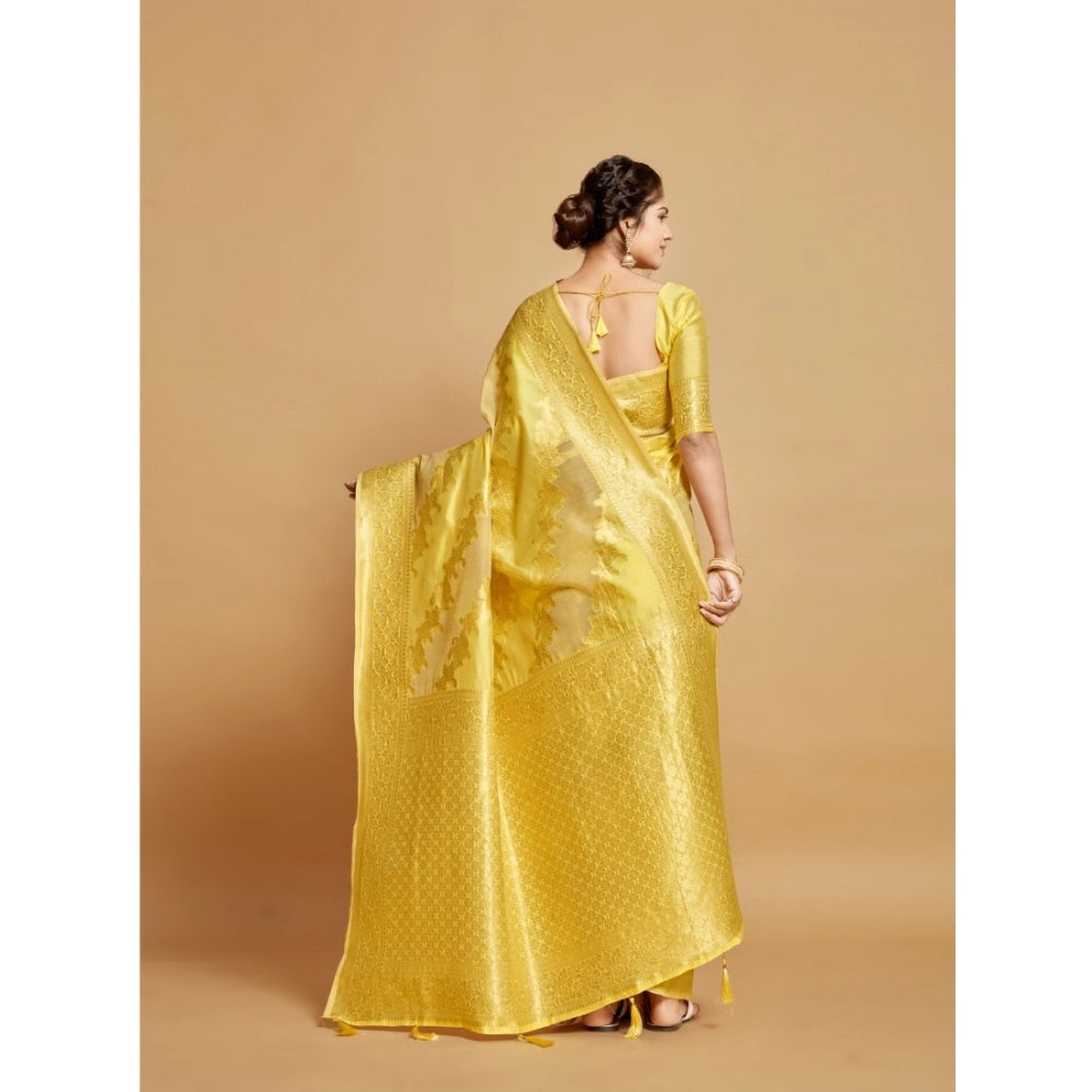 Generic Women's Linen Printed Saree With Unstitched Blouse (Yellow, 5-6 Mtrs)
